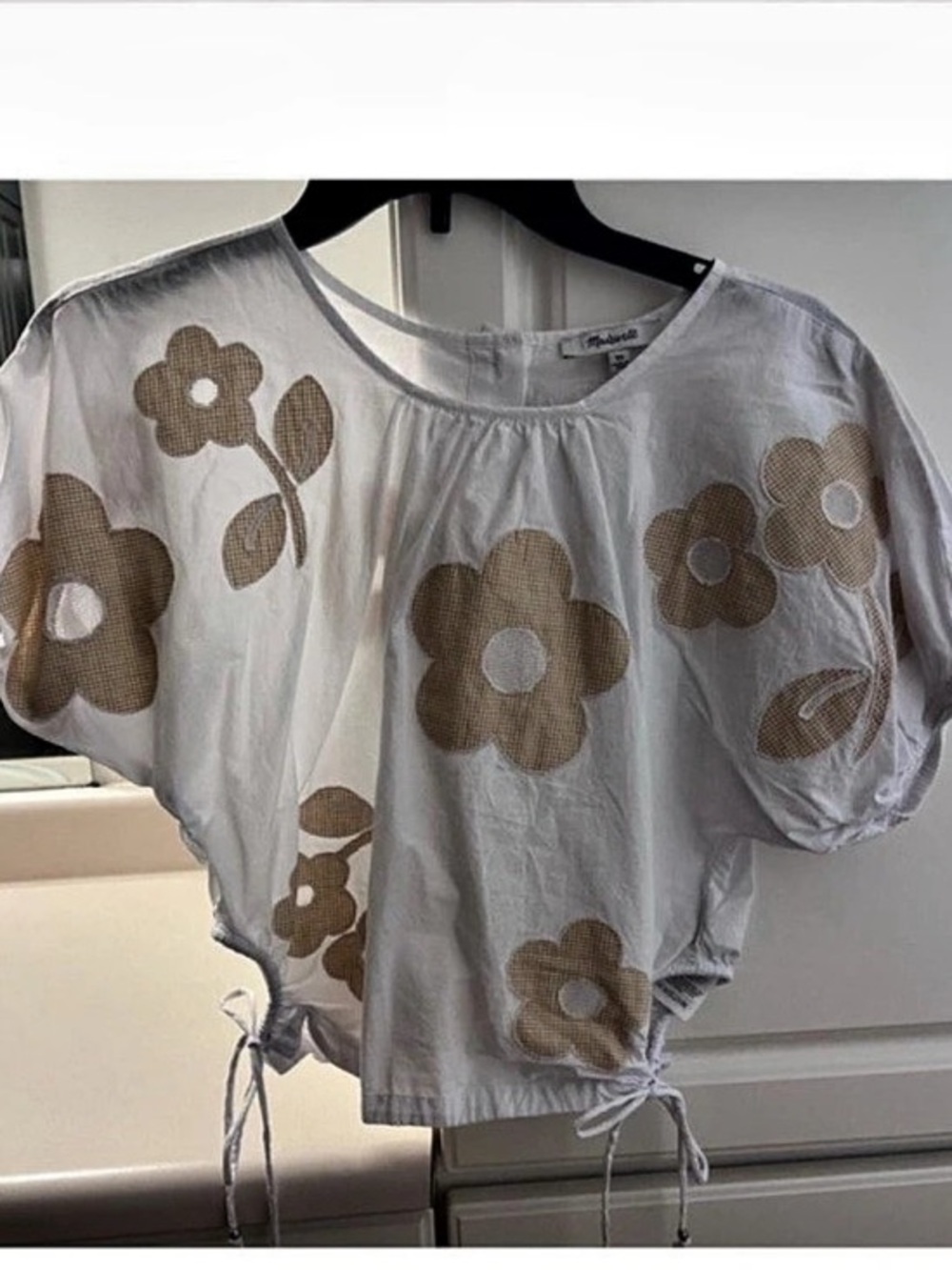 Madewell Embroidered Poplin Puff-Sleeve Cutout Crop Top XS